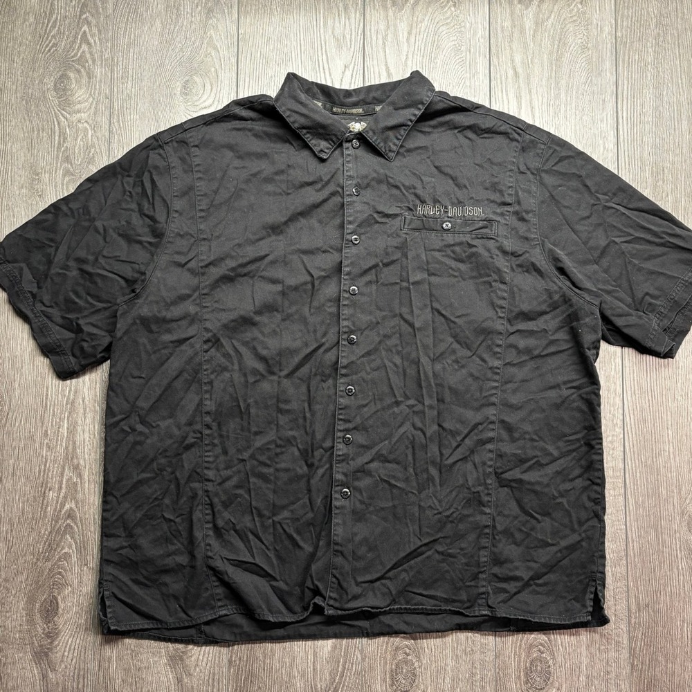 Harley-Davidson Mens 3XL Black Embroidered Flaming Skull Short Sleeve Work Shirt - Picture 3 of 8